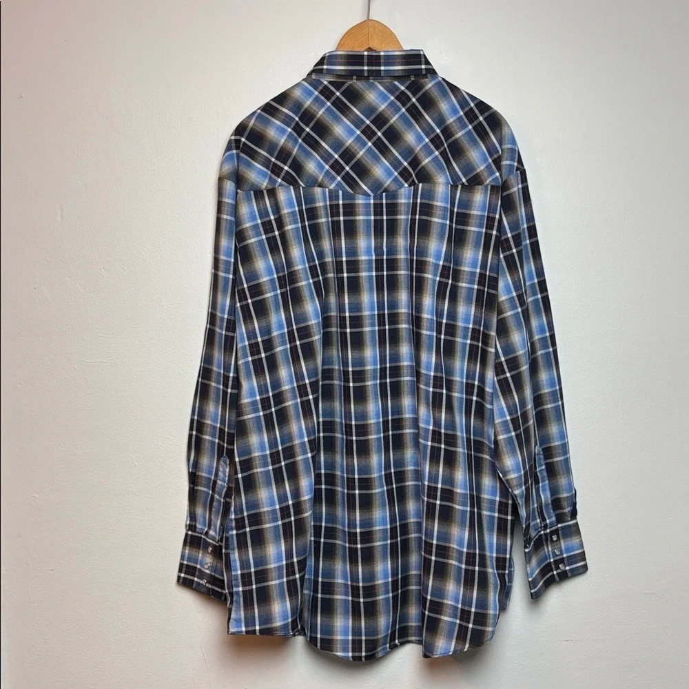 VTG Ely Cattleman Men's Long Sleeve Tall Pearl Snap Shirt Blue Plaid‎ 3XLT